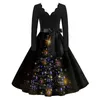 Casual Dresses Women Fashion V Neck Dress Retro midja Big Hem Slim Christmas Print Långärmad Bow Tie Autumn Winter Evening