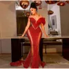 Sirène paillettes Sparkly perled African Night Robes Red Sheer Cap Sleeves Aso Ebi Robe formelle Black Women Party Prom Robes avec Lace Up Back