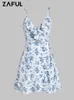Swobodne sukienki zaful dla kobiet Disity Floral Ruffles Cami Wrap Mini sukienka z regulowanym paskiem na ramię