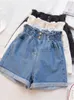 Shorts pour femmes classiques couleurs solides extension stretch haute taille féminine en denim short chic Chic Bouton S-5xl Taille Ruffle Back Trawstring Womens Short Jeans D240426