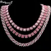 Coloque de corrente de cristal rosa do hip hop rosa Adequado para mulheres Sparkling Silver Diamond Edge Jóias 240424
