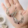 Dangle Chandelier Flower Botanical Dangle Earrings for Women Silver Color Round Red Stone Party Wedding Jewelry Gift