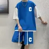 Waffle Casual Sports Suit For Men Women SS Patchwork Two Pieces Set Trendy Short Sleeved T-Shirts Letter Shorts Streetwear 240412