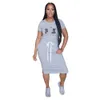 Womens Leisure Dress Plus Size S-2XL Basic Elastic Waist Short Sleeve Solid Color Printed T-shirt Skirt Mid Length Skirt Loose