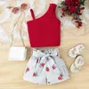 衣類セット夏の幼児服女の女の子の女の子の弓の袖のキャミトップス花柄のショートパンツとベルト2pcs衣装の子供の服