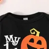 Jungen und Mädchen Baby Halloween Buchstaben Langarmärmel Hemd + Kürbismusterhose + Hutanzug