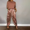 Women Spring Summer Fashion Solid Color Satin Two Piece Set Round Neck Long sleeved Top Long Pants Casual Loose Two Piece Set 240412