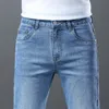 Summer Mens High Quality Thin Blue Slim Jeans Classic Style Business Straight Stretch Denim Pants Mane Brand Trousers 240420