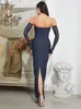 Casual Dresses Sexig mörkblå mesh långärmad axelbandslös bandage elegant sliver paljett Bodycon Celebrity Evening Party Maxi Dress
