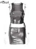 HABBRIS Silver Sleeveless Bodycon 2 Mini faldas de dos piezas Conjunto de clubes nocturnos para mujeres Falda de tanques de vendaje de invierno 240412