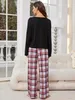 Women's Sleepwear Front Button Women Pajama Sets Long Slves Screw Neck Top Full-Length Plaid Pants Female 2 Pieces Slpwear For Spring Fall Y240426