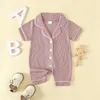 Lioraitiin Infant Girls Jungen Strampler Pyjama Revers Hals Kurzarmkontrastverkleidung Button Down Waffel Jumpsuit Nachtwäsche 240418