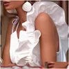 Women'S Blouses & Shirts Womens Women Y V Neck Ruffle Blouse 2022 Summer Backless Spaghetti Strap Casual Tops Elegant Sleeveless Offi Dhrag