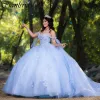 Ljusblå illusion band boll klänning quinceanera klänningar från axel blommor applikationer spets korsett vestidos de 15 anos