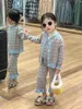 Clothing Sets 2024 Spring Children's Wear Girls' Checkered Knitted Sweater 3-piece Tank Top Wooden Ear Edge Trouser Set Clothes Girls