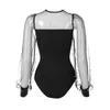 Kvinnors T -skjortor Svart Solid Mock Neck Mesh Pearl Skinny Sexig bodysuit Kvinnor Summer Long Sleeve Office Kvinnliga BASIC NATTEWEAR BODYSUITS