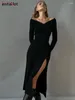 Casual Dresses Beyouare Knit V Neck Off Shoulder Midi Dress Women Long Sleeve Slim Split Bodycon Office Lady Elegant Evening Gala Black