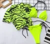 Kvinnors badkläder Kort ärm Mesh 3 -delad baddräkt Neongrön High Cut Leopard Cover Up Push Bikini Separate Bathing Suit Thong 2024