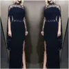 Blue High Neck Sheer Navy Sheath Split Dresses 2019 Long Sleeves Beaded Formal Party Red Carpet Evening Gowns