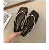 Slippers 2024 Pearl Flip Flops Glitter Rhinestone Slides Women Shiny Beach Shoes Fashion Square Toe Summer Clip Sandals