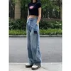 Женские джинсы Slpbely Retro Design Blue Ladies Y2K Прямые и тонкие свободные высокие талию широкие ноги.