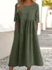 Summer autumn designer dresses round neck Half sleeve large size casual loose long solid color cotton linen dress