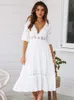 Summer White Long Dress Women Boho Hollow Out Patchwork krótkie rękawie luźne moda moda Casual Elegant Woman 240418