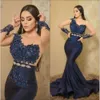 Satin Dark Evening Dresses Navy Sheer Long Sleeves Lace Beaded Floral Formal Slim Fit Ocn Prom Dress Arabic Aso Ebi Bc12809