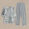 Women's Two Piece Pants Fashion Summer Plants Printed 2 Piece Set High Waist Pants Ladies Outfits Elegant Vintage Spring T-Shirt Pants Female Clothing Y240426