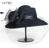 Women Wool Floral Veil Netting Feather Wide Brim Derby Hat Floppy Hat Fedoras Formal Occasion Dance Party Summer Beach Hat Y1905204299291