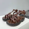 Äkta läder Braid Gladiator Sandaler Kvinnor Skor Peep Toe Chunky Heels Brand Design Shoes Summer Summer