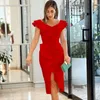 Casual Dresses Solid Ruffles Bodycon Midi Women Elegant Sexy Sheath Slim Sleeveless V-neck Patchwork Split Mid-calf Party Club