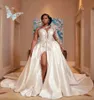 Abito da sposa vintage a una spalla 2024 perle Appliques Women Brides Gowns White A Line Arabic Dubai Long Maniche abiti da sposa Vestitido de noiva