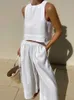 カジュアルサマー2ピースセット女性服ホワイトソリッドルーズタンククロップトップワイドレッグパンツスーツシックでエレガントな女性セット240422