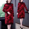 Kvinnors tröjor Autumn Winter Red Sticke Cotton Floral Midi Dress Women Thick Warm Korean Vintage Pullovers 2024 Elegant Bodycon Wool