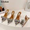 Eilyeken Spring Autumn Crystal Sequined Bowknot Silver Women Pumps Low High Heels PVC Transparent Sandals Party Wedding Prom Shoe 240422