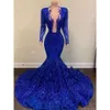 African Mermaid Sheer Blue Prom Dresses Glitter Royal Plunging Neck Pattern Sequined Lace Applique Long Sleeves Black Girls Formal Party Evening Gowns