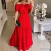 Basic Casual Dresses Women Party Dress Off Shoulder Lace Up Elastic Waist Short Bubble Sleeve Patchwork Hem Ruffle Full Length Prom Ball Maxi Dress