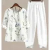 Women's Two Piece Pants New Summer Two Piece Sets White Floral Print Womens Outfits Elegant Ladies O Neck Loose Short Slve Shirt High Waist Pants Suit Y240426