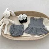 衣料品セット夏の通気性コットンリネンベビー服セットカジュアルスウェットシャツとショーツ2PCS幼い女の子パーカースーツH240426