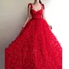 Vestidos de baile de baile vermelho de 2020, uma linha de esteiras de espaguete, cristais de renda Islâmica Dubai Arábico Saudita Ruffles de festa formal de festas de noite Rabic