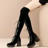 Boots Women Lace Up Genuine Leather High Heel Thigh Female Winter Warm Stretchy Velvet Slim Leg Platform Pumps Casual Shoes