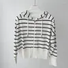 Women's Knits 2024 Early Spring Commuting Style Silk And Linen Blended Hooded Knitted Zipper Striped Short Cardigan Jacket For Women