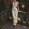 Abiti casual Heziowyun femminile Sleeveless Disegna Vale a V Deep Tie-Up Flower Summer Summer Maxi Long Dress per feste di vacanza