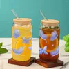 Wine Glasses 16oz Blue Floral Butterfly Pattern With Bamboo Lid Glass Straw Juice Ice Cream Bottle Suitable For Summer Gifts