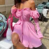 Lässige Kleider 2024 rosa Kleid elegante Frauen-Schulter-Röhren-Schnüre-Schnüre-Schnür-A-Line Rock Taille kontrollierte Schlampe Long Sleeve
