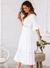 Summer White Long Dress Women Boho Hollow Out Patchwork krótkie rękawie luźne moda moda Casual Elegant Woman 240418