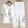 Women's Two Piece Pants New Summer Two Piece Sets White Floral Print Womens Outfits Elegant Ladies O Neck Loose Short Slve Shirt High Waist Pants Suit Y240426