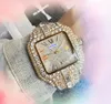 Populaire heren vol diamanten ring horloge kwarts batterij kern glanzende sterrenhar watdichte klokdag datum tijd vierkant gezicht ketting armband polshorswatch montre de luxe cadeaus