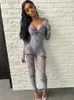 Sifreyr See Through Lace Jumpsuits Women U Neck Długie rękaw Bodycon Rompers Traw Fashion Streetwear Sexy Y2K Scossuit 240425